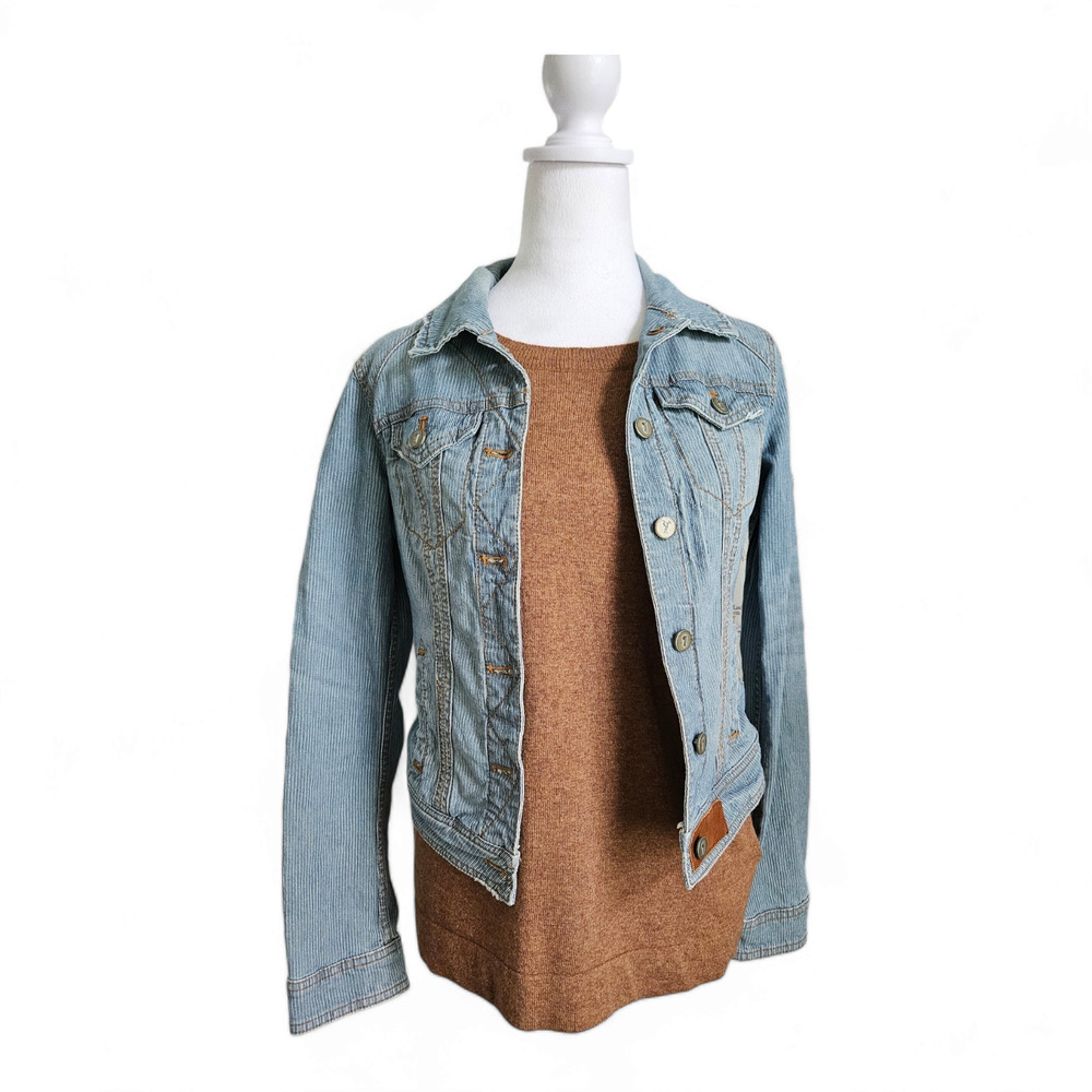 Pilcro Anthropologie XS Denim Jacket Womens Blue White Railroad Pin Stripes EUC